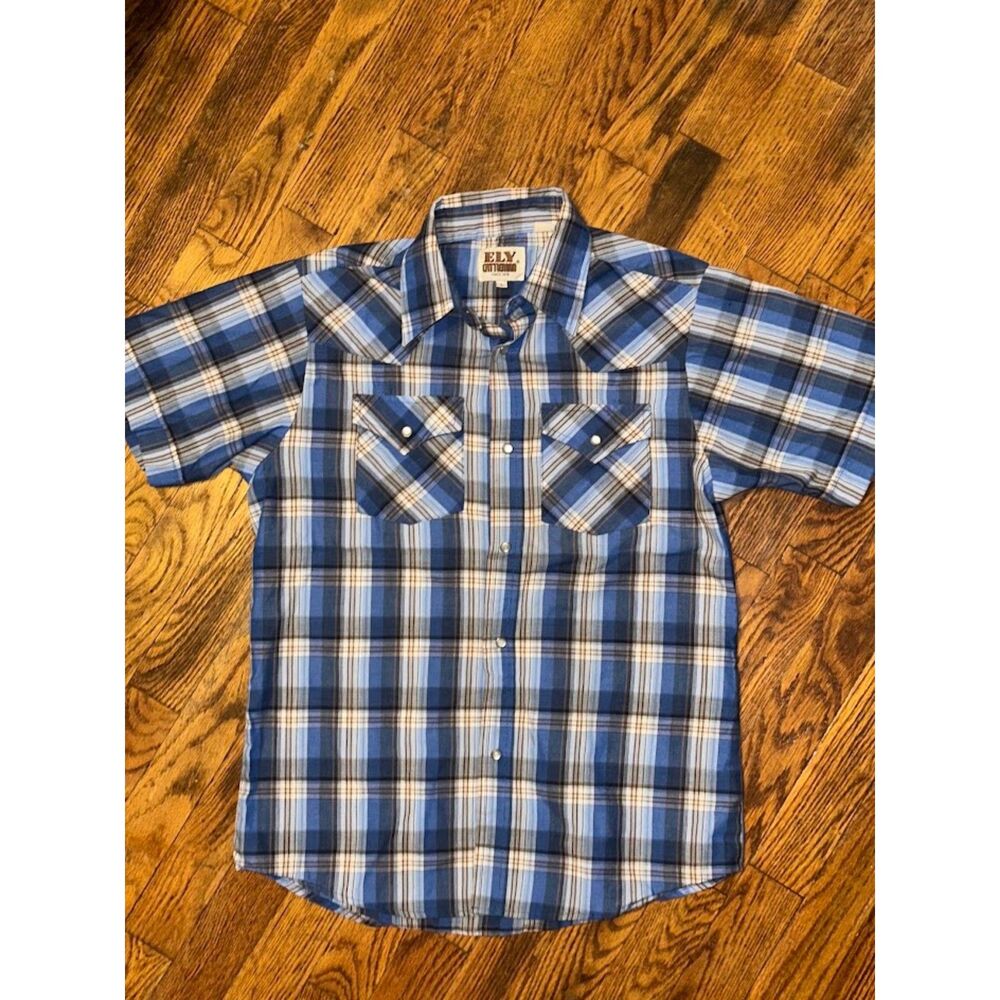 Vintage Blue Ely Cattleman Short Sleeve Pearl Snap Shirt Size Large